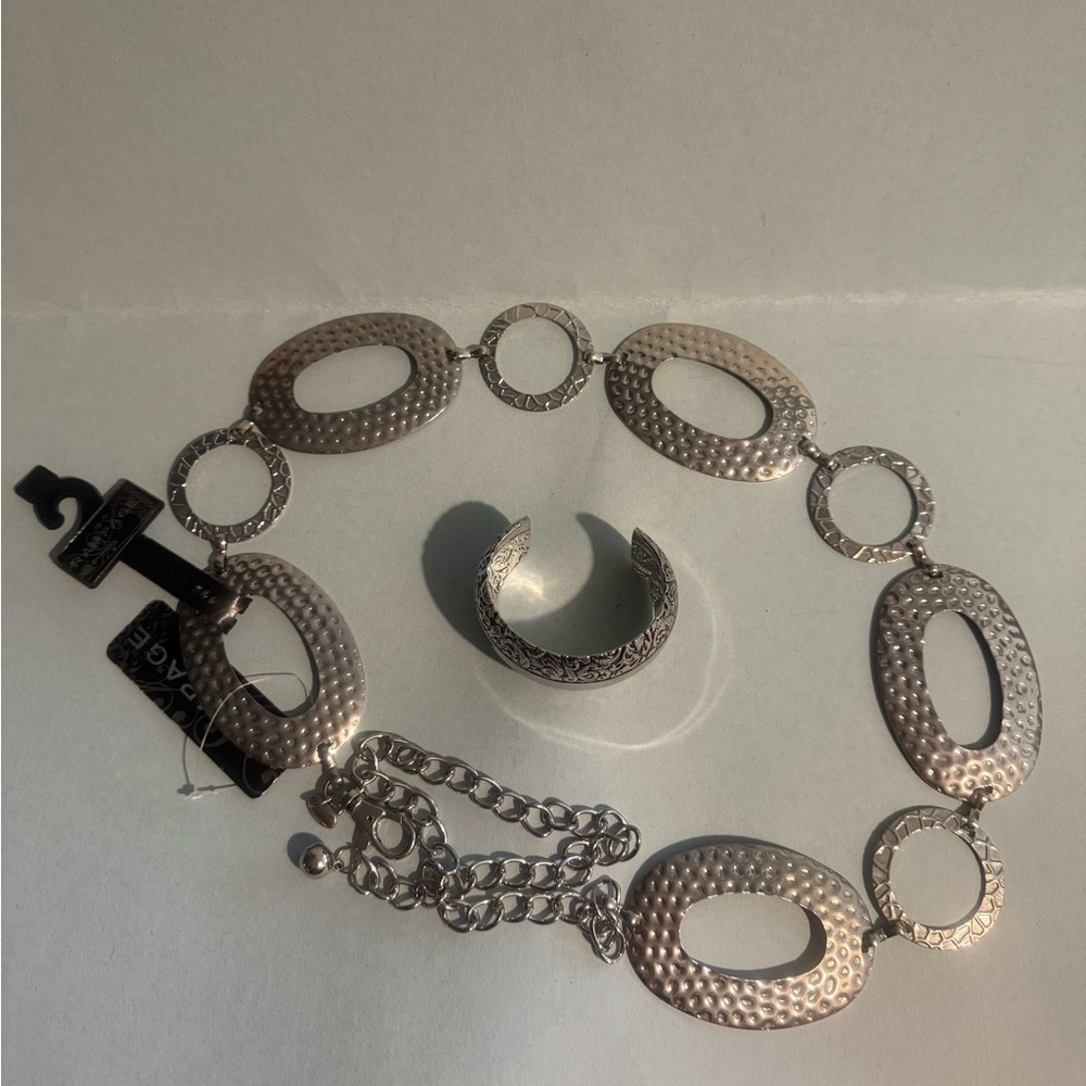 Silver style Hammered Belt and Bracelet Set